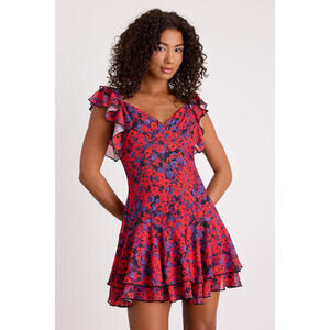 Lulus Maulana Red And Black Floral Flutter Sleeve Mini Dress - Size M